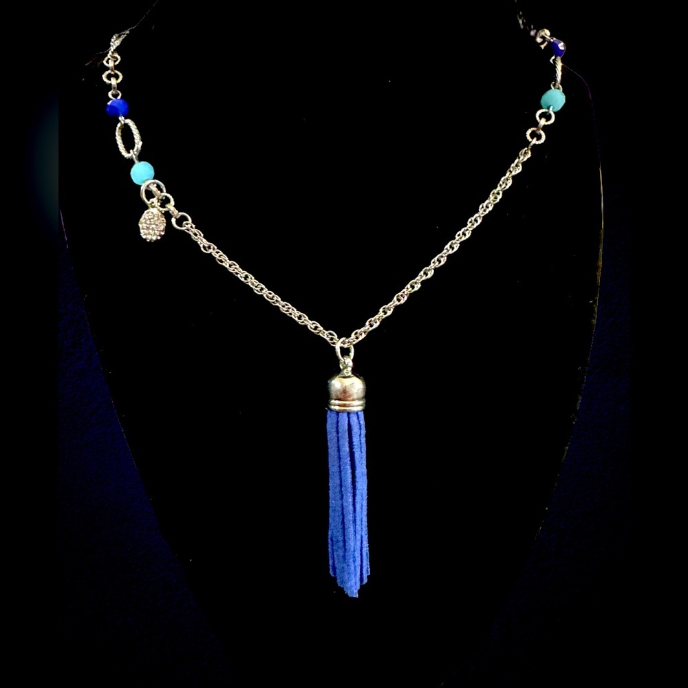 Lane Bryant silver tone rope chain, blue suede tassel and crystal beads 32-35”